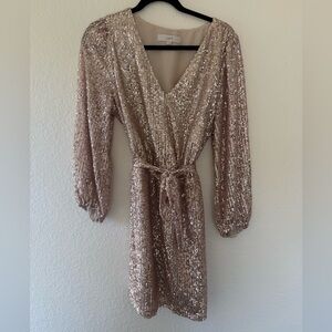 LOFT Shimmering Gold Sequin Long Sleeve Holiday Dress